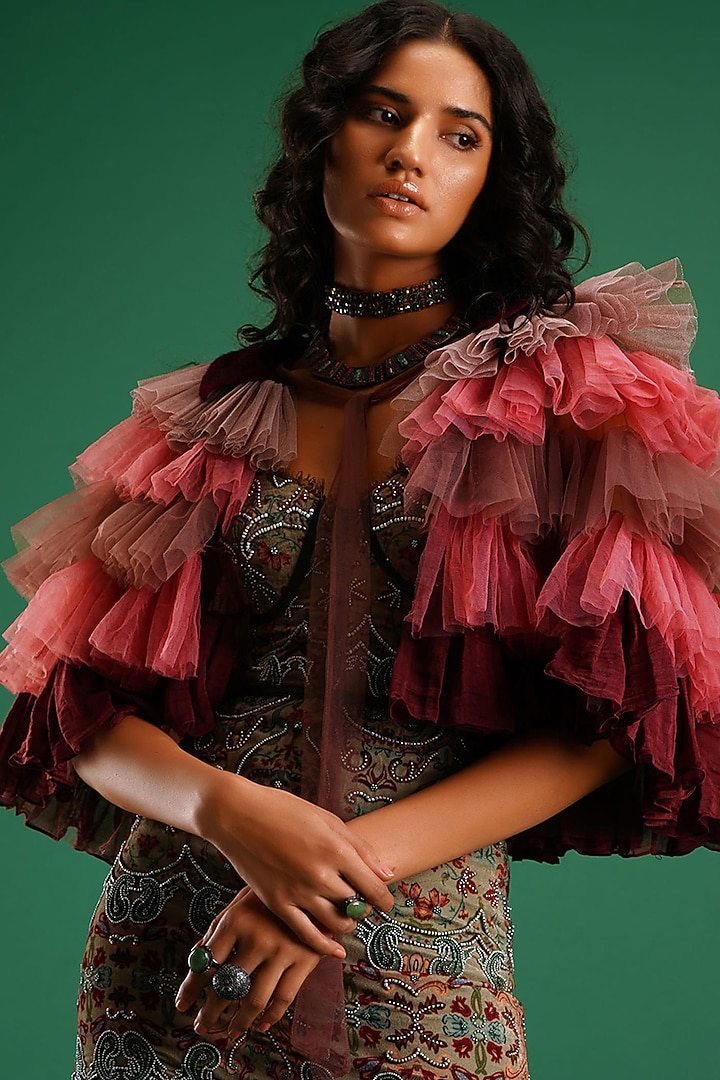 Maroon & Pink Tulle Jacket by Nidhi Yasha at Pernia's Pop Up Shop