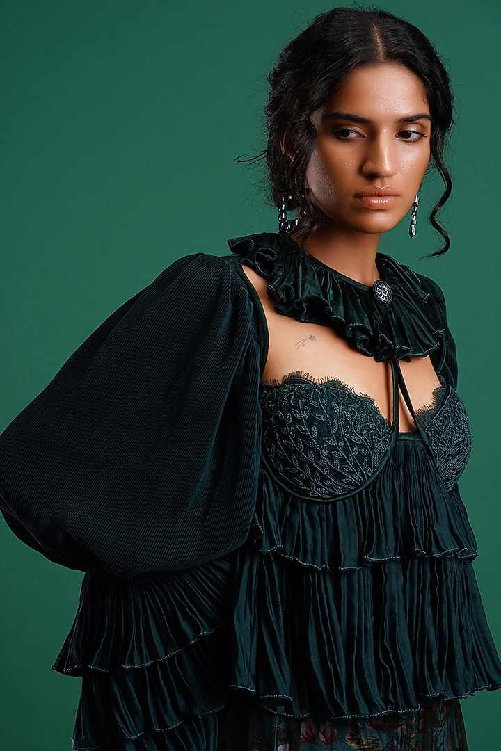 Forest Green Embroidered Blouse by Nidhi Yasha at Pernia's Pop Up Shop