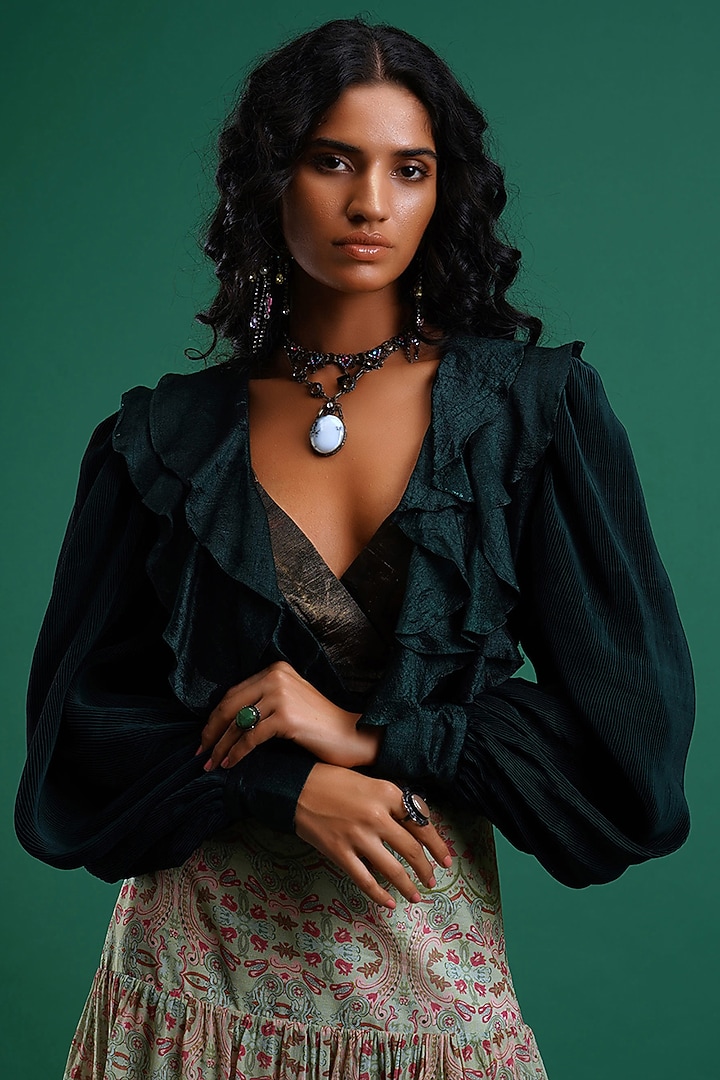 Forest Green Blouse With Bralette by Nidhi Yasha at Pernia's Pop Up Shop