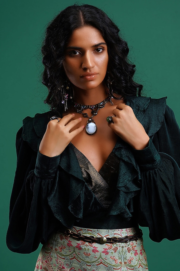 Forest Green Blouse With Bralette by Nidhi Yasha at Pernia's Pop Up Shop