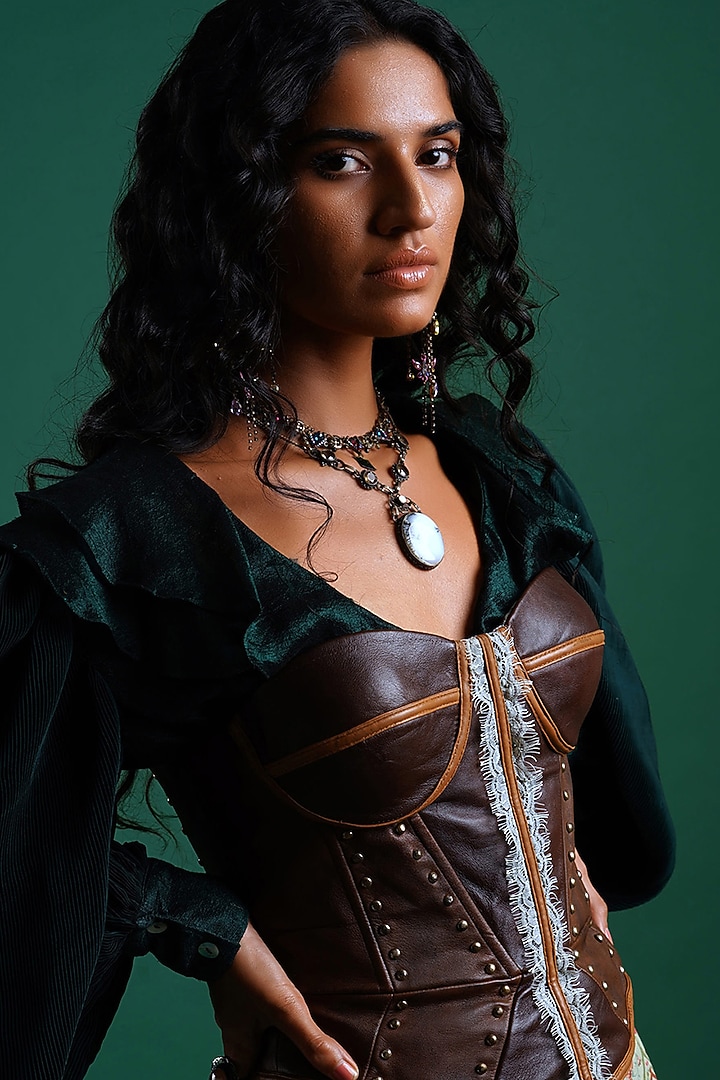 Brown Leather Corset by Nidhi Yasha at Pernia's Pop Up Shop