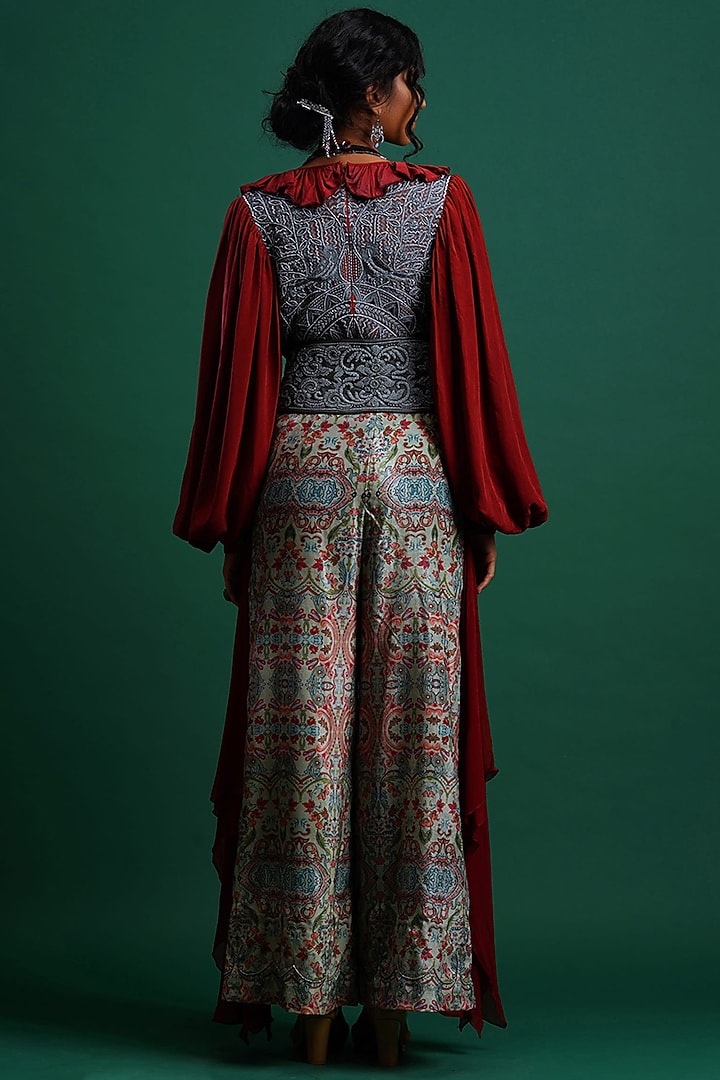 Maroon Embroidered Ruffled Blouse by Nidhi Yasha at Pernia's Pop Up Shop