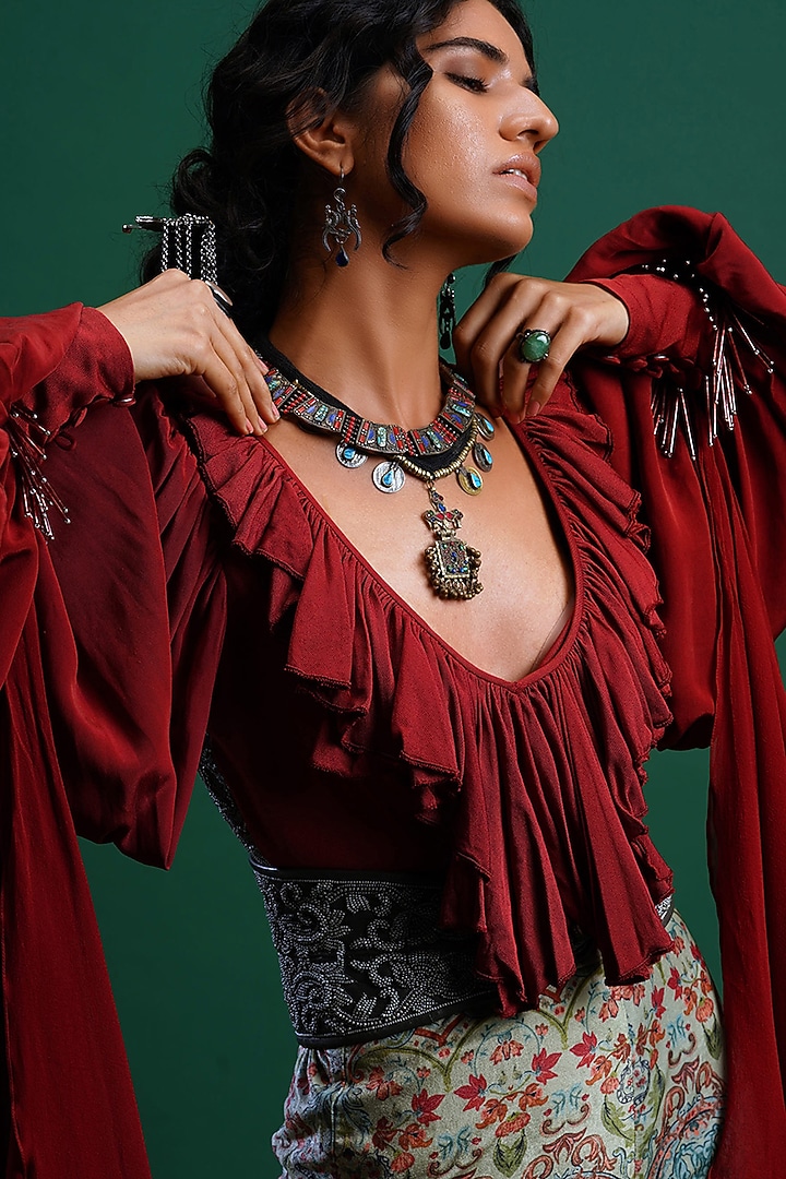 Maroon Embroidered Ruffled Blouse by Nidhi Yasha at Pernia's Pop Up Shop