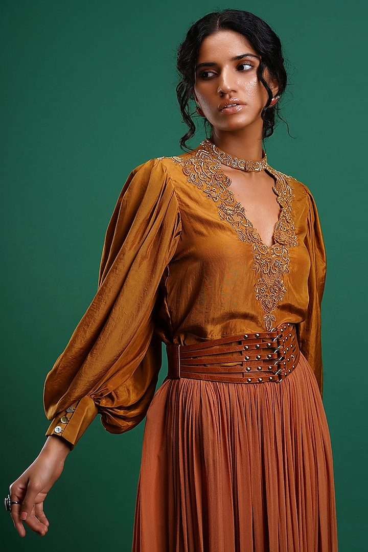 Bronze Beaded Blouse by Nidhi Yasha