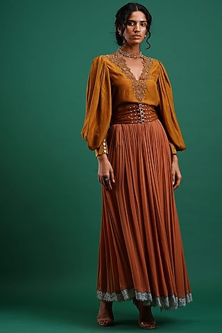 Reddish Brown Gathered Skirt by Nidhi Yasha