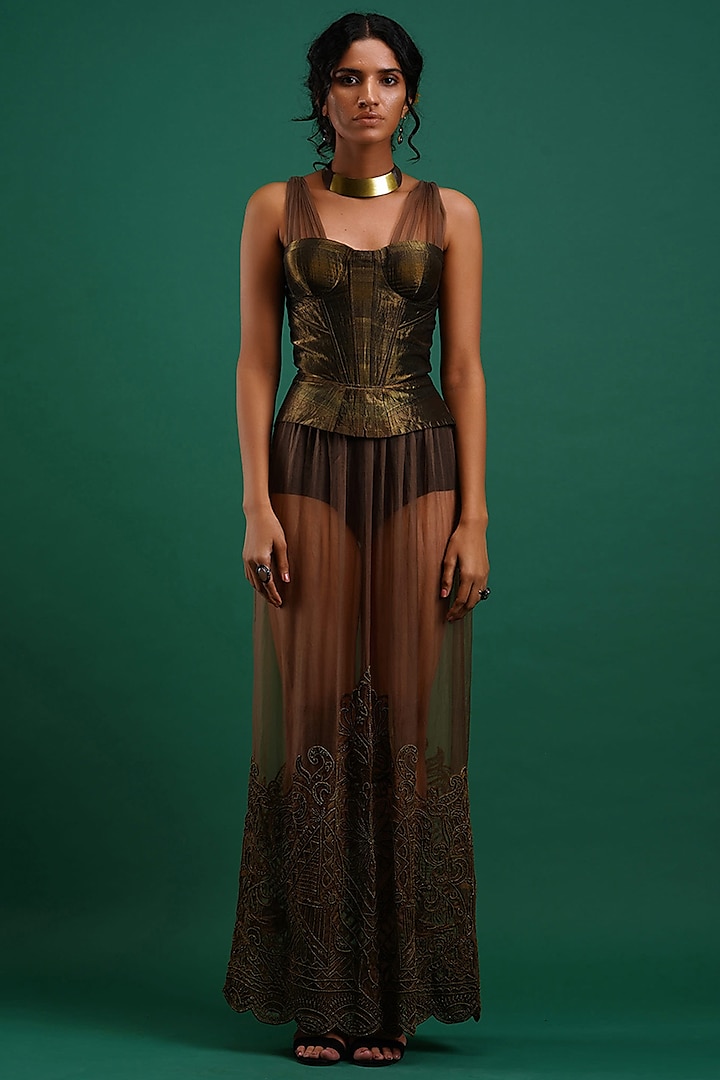 Olive Embroidered Dress With Corset by Nidhi Yasha