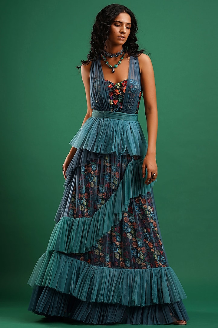 Blue Printed Layered Dress by Nidhi Yasha
