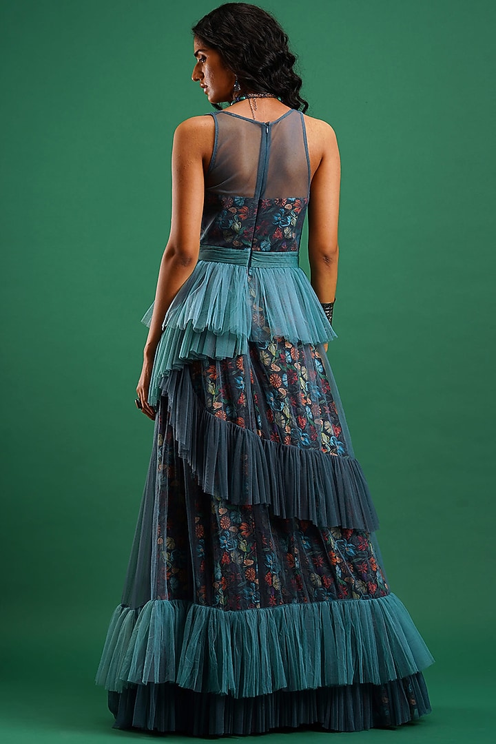 Blue Printed Layered Cocktail Dress by Nidhi Yasha at Pernia's Pop Up Shop