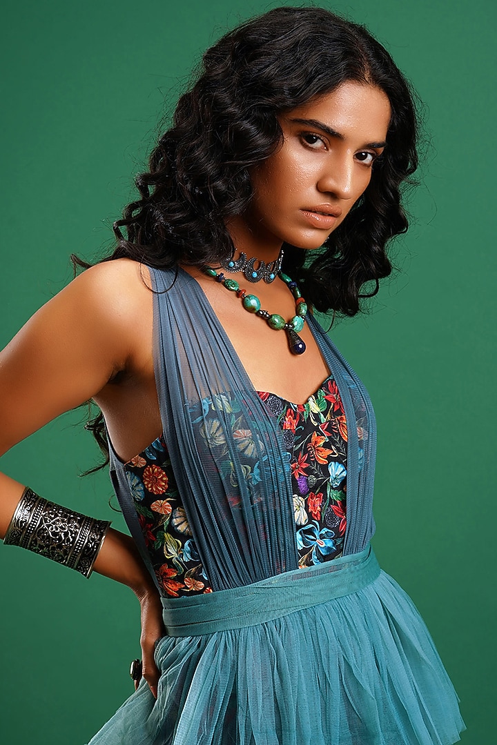 Blue Printed Layered Cocktail Dress by Nidhi Yasha at Pernia's Pop Up Shop