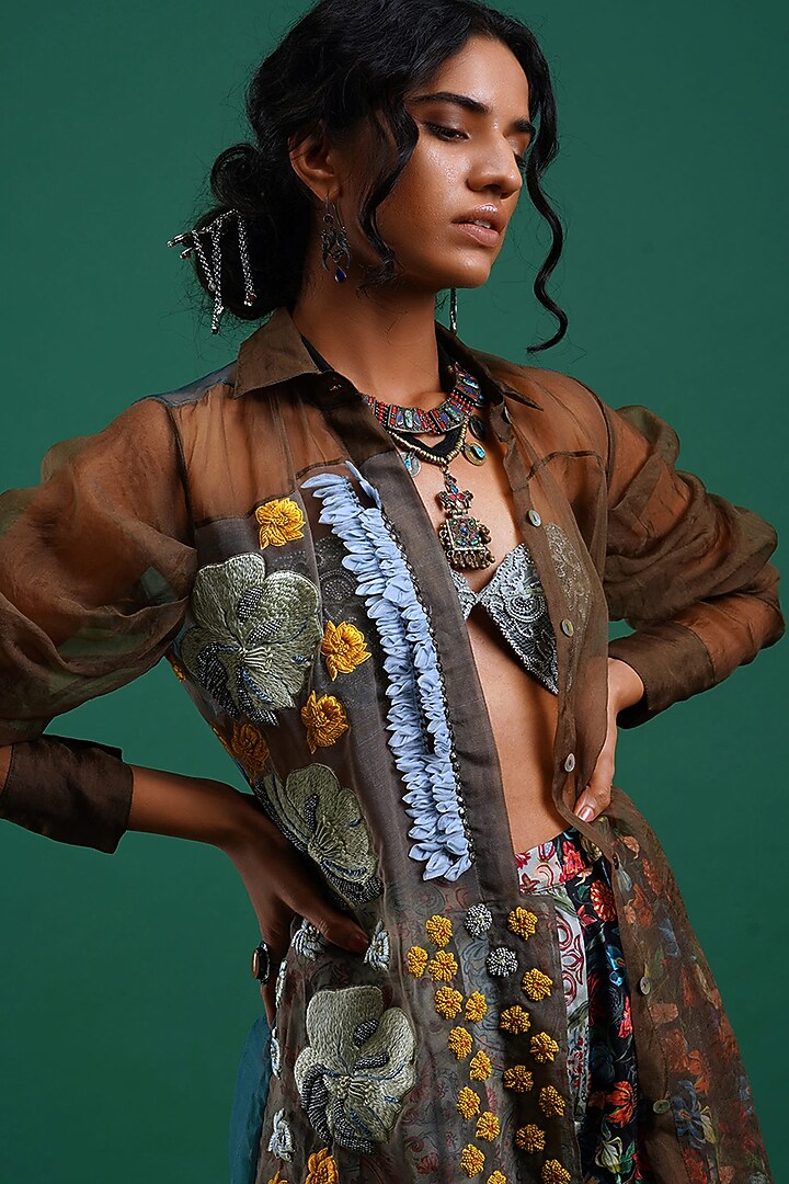 Olive Embroidered Shirt by Nidhi Yasha at Pernia's Pop Up Shop