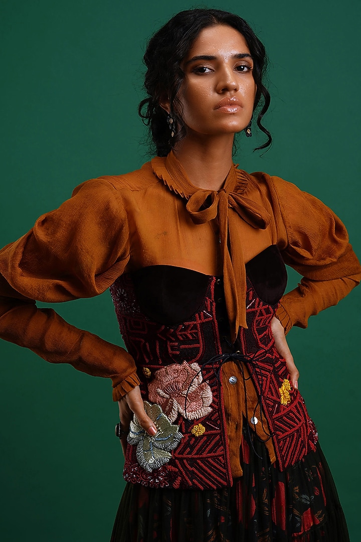 Bronze Blouse With Embroidered Corset by Nidhi Yasha at Pernia's Pop Up Shop