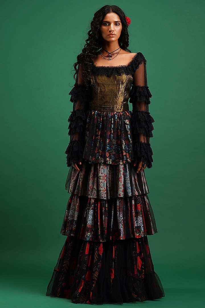 Black Printed Lace Dress by Nidhi Yasha