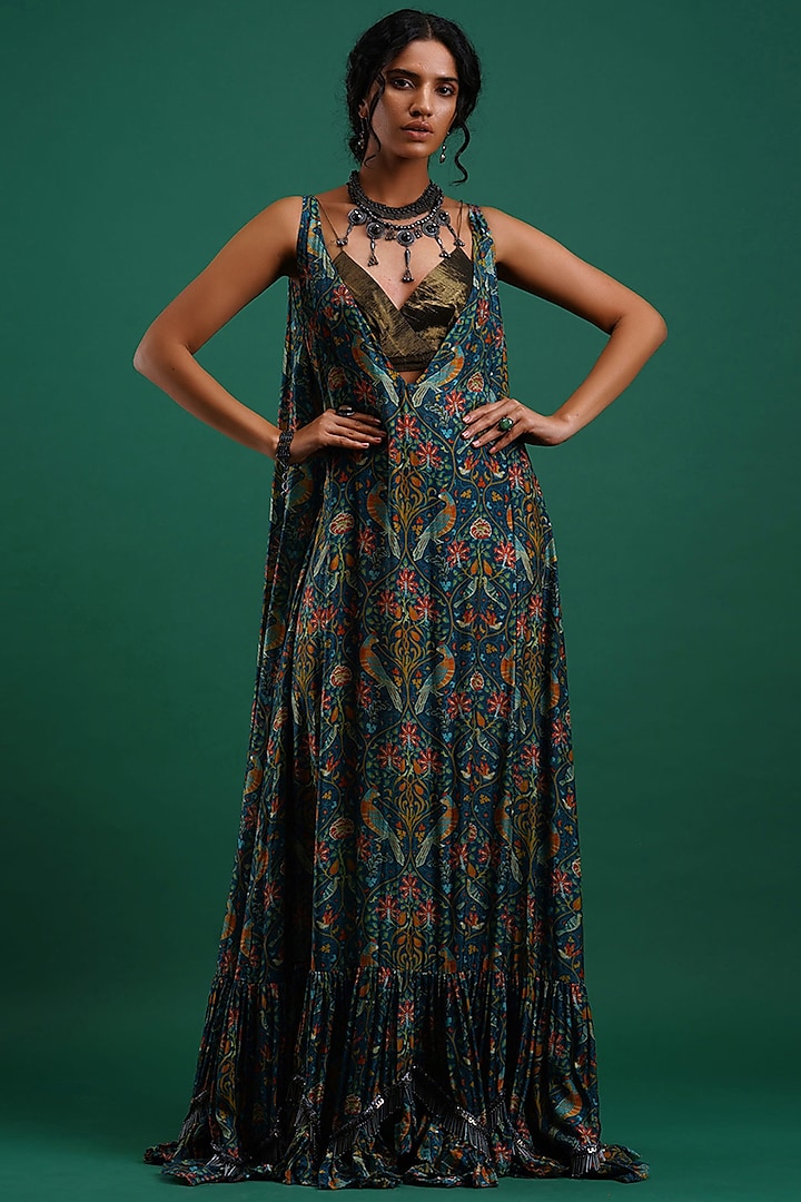 Multi Colored Printed Maxi Dress With Bustier by Nidhi Yasha