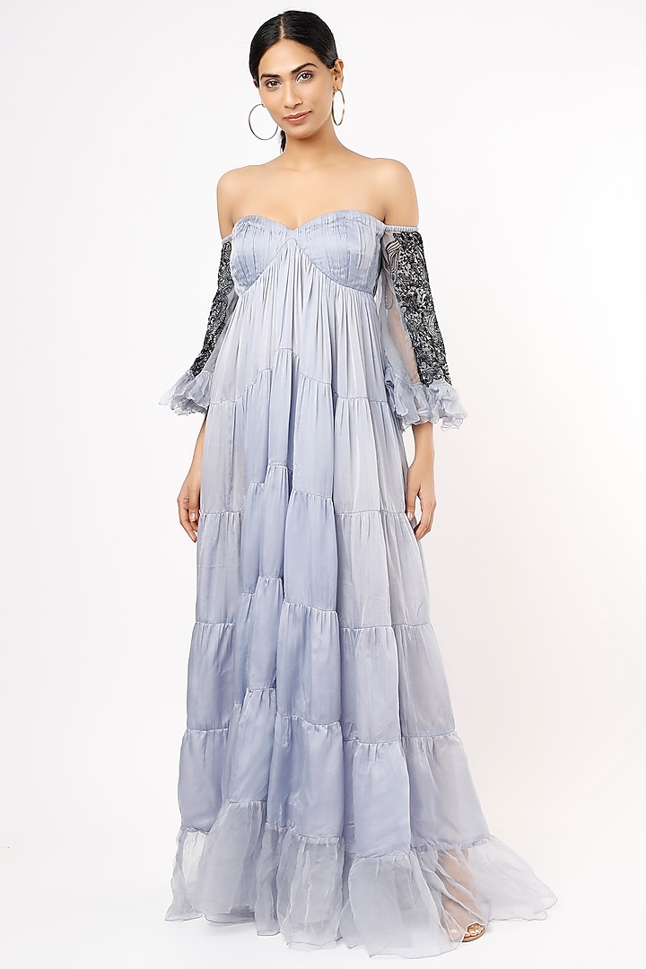 Dusty Blue Embroidered Maxi Dress by Nidhi Yasha at Pernia's Pop Up Shop