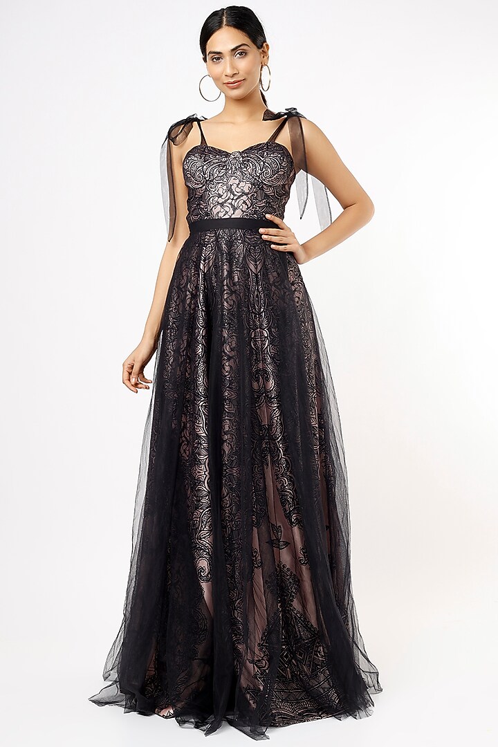 Black Printed Maxi Cocktail Dress by Nidhi Yasha at Pernia's Pop Up Shop