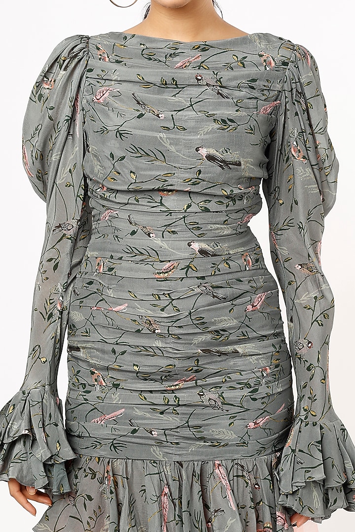 Grey Asymmetrical Digital Printed Cocktail Dress by Nidhi Yasha at Pernia's Pop Up Shop