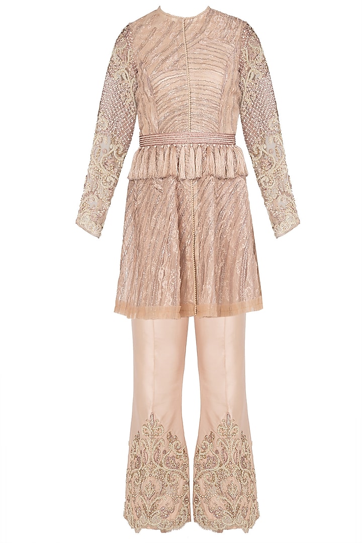 Beige embroidered tunic with flared pants available only at Pernia's Pop Up Shop.