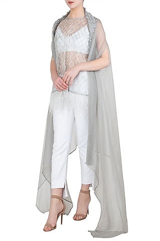 Grey Mesh Tunic with Crop Top, Pants and Cape by Nitya Bajaj