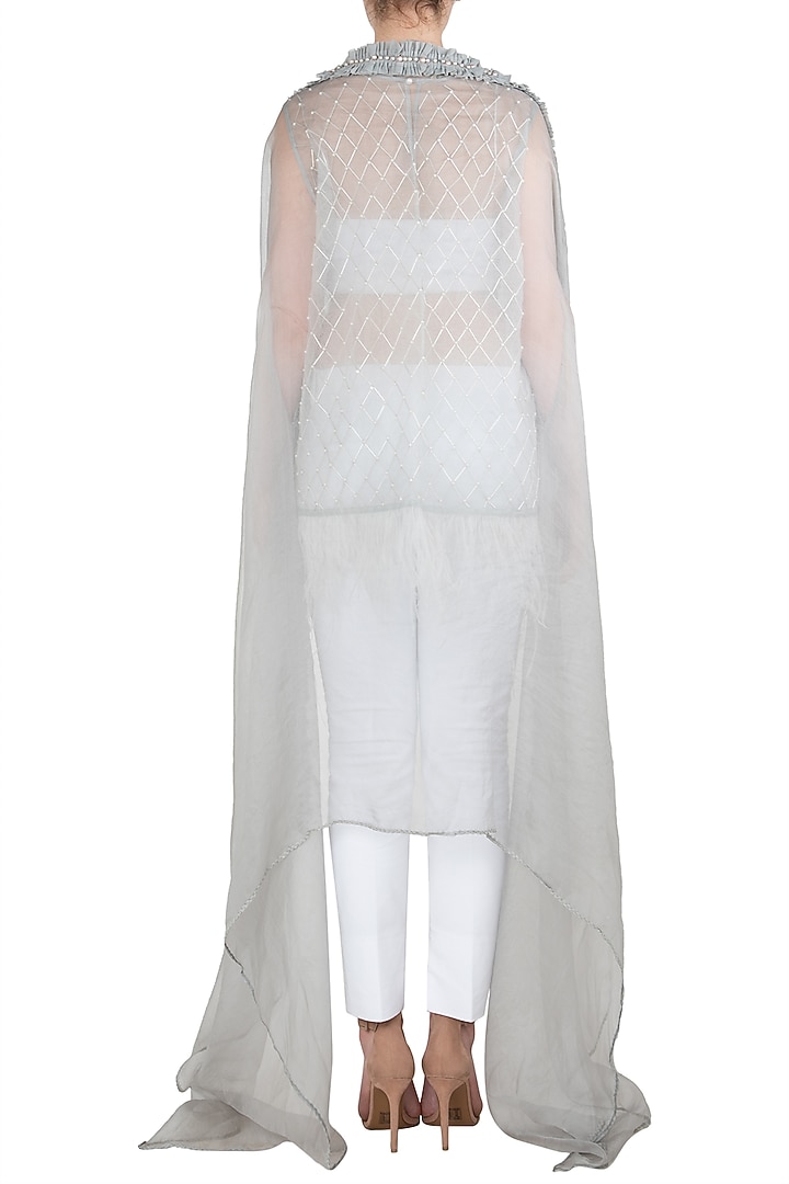 Grey mesh tunic with crop top, pants and cape available only at Pernia's Pop Up Shop.