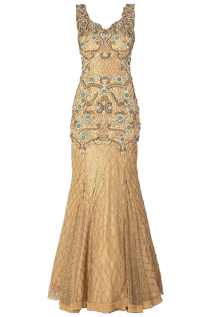 Gold Fishcut Embroidered Gown by Nitya Bajaj