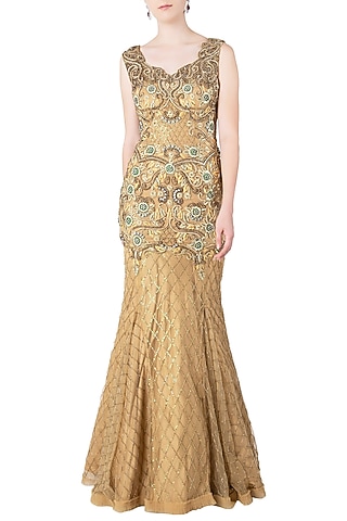 Gold Fishcut Embroidered Gown by Nitya Bajaj