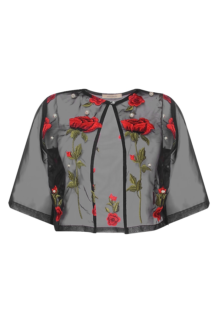 Black Rose Embroidered Valentine's Summer Jacket by Nitya Bajaj