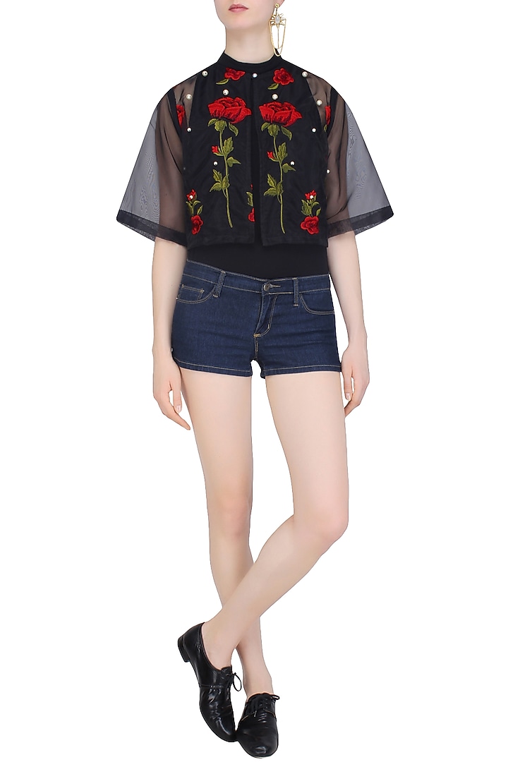 Black rose embroidered valentine's summer jacket available only at Pernia's Pop Up Shop.
