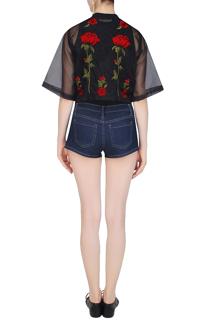 Black rose embroidered valentine's summer jacket available only at Pernia's Pop Up Shop.