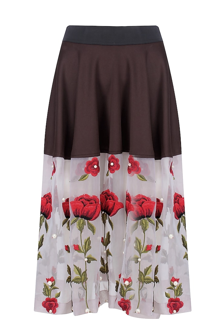 Brown Valentine Rose Embroidered Sheer Panel Skirt by Nitya Bajaj