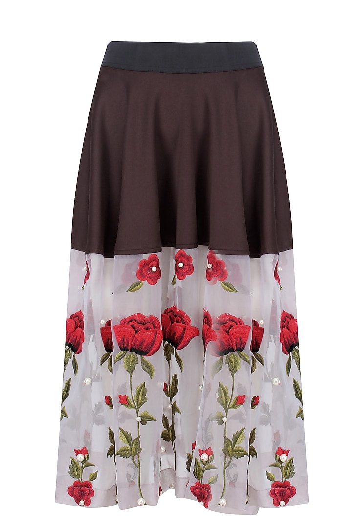 Brown Valentine rose embroidered sheer panel skirt available only at Pernia's Pop Up Shop.