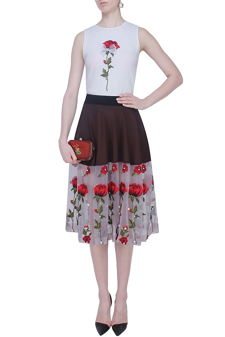 Brown Valentine rose embroidered sheer panel skirt available only at Pernia's Pop Up Shop.
