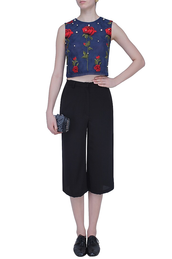 Navy blue valentine embroidered boxy crop top available only at Pernia's Pop Up Shop.