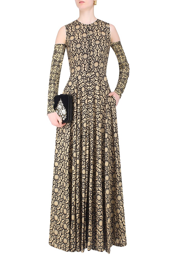 Black and beige printed split detachable sleeves anarkali and palazzos available only at Pernia's Pop Up Shop.