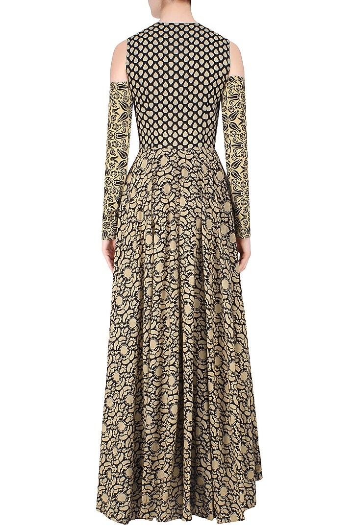 Black and beige printed split detachable sleeves anarkali and palazzos available only at Pernia's Pop Up Shop.