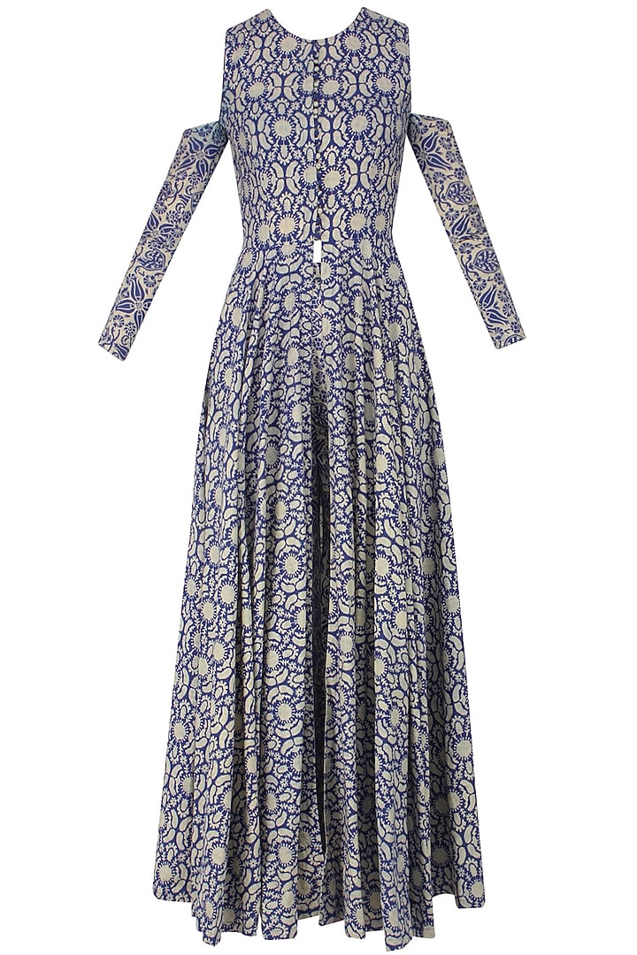 Blue and beige printed split detachable sleeves anarkali and palazzos available only at Pernia's Pop Up Shop.