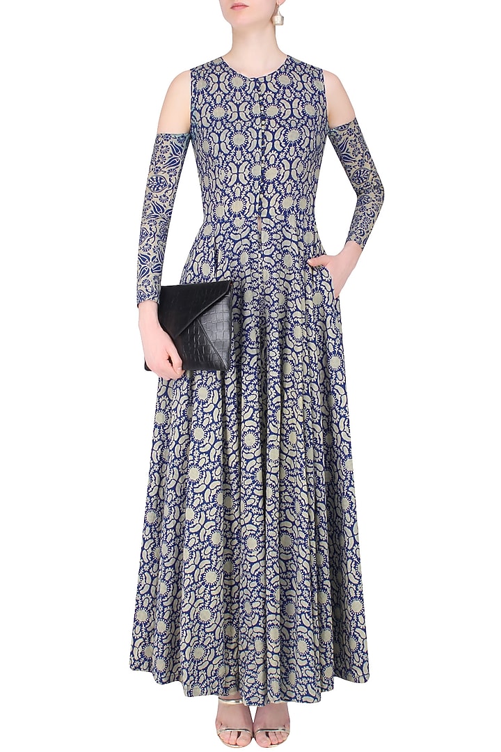 Blue and beige printed split detachable sleeves anarkali and palazzos available only at Pernia's Pop Up Shop.