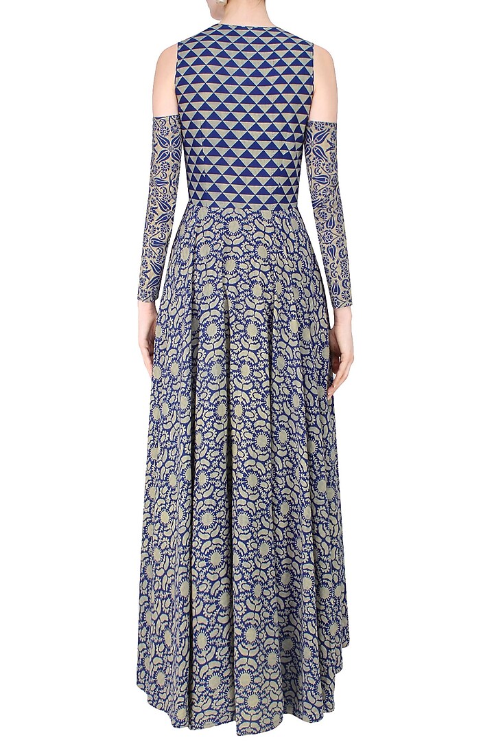 Blue and beige printed split detachable sleeves anarkali and palazzos available only at Pernia's Pop Up Shop.