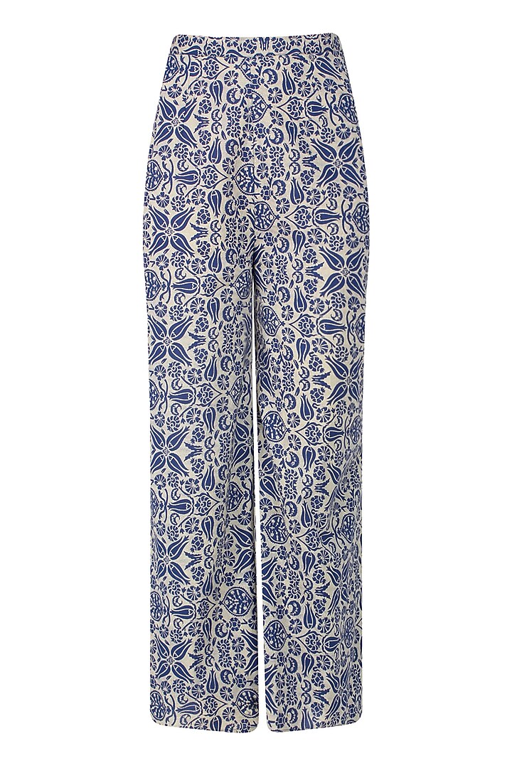 Blue and beige printed split detachable sleeves anarkali and palazzos available only at Pernia's Pop Up Shop.