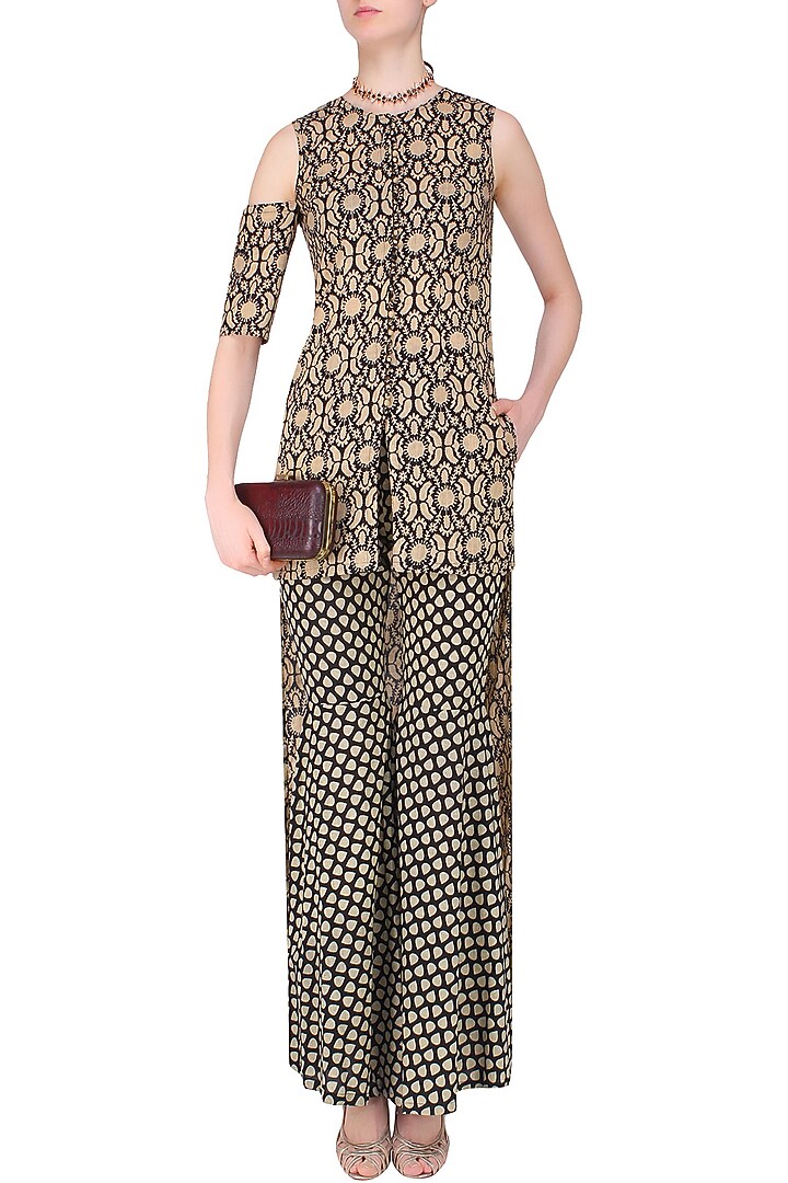 Black and beige high low printed asymmetric tunic with sharara pants available only at Pernia's Pop Up Shop.