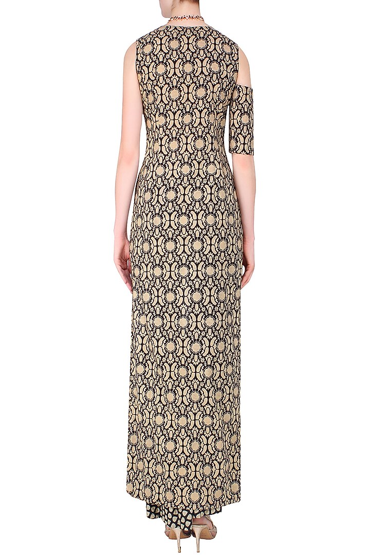 Black and beige high low printed asymmetric tunic with sharara pants available only at Pernia's Pop Up Shop.