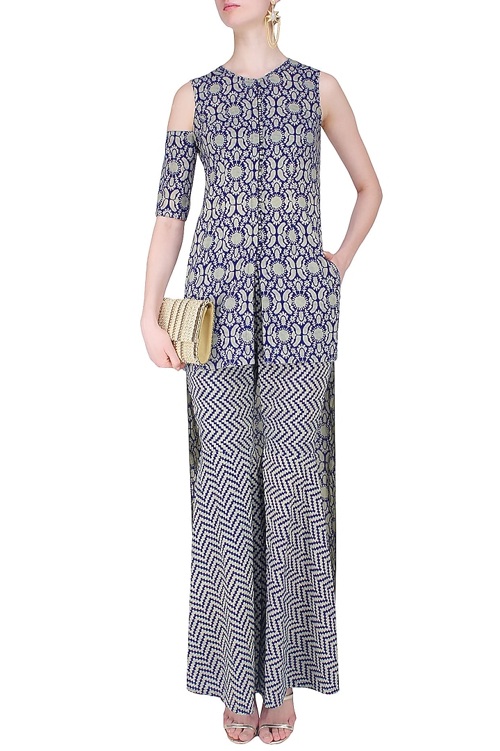 Blue and beige high low printed asymmetric tunic with sharara pants available only at Pernia's Pop Up Shop.