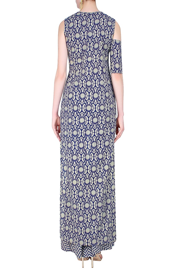 Blue and beige high low printed asymmetric tunic with sharara pants available only at Pernia's Pop Up Shop.