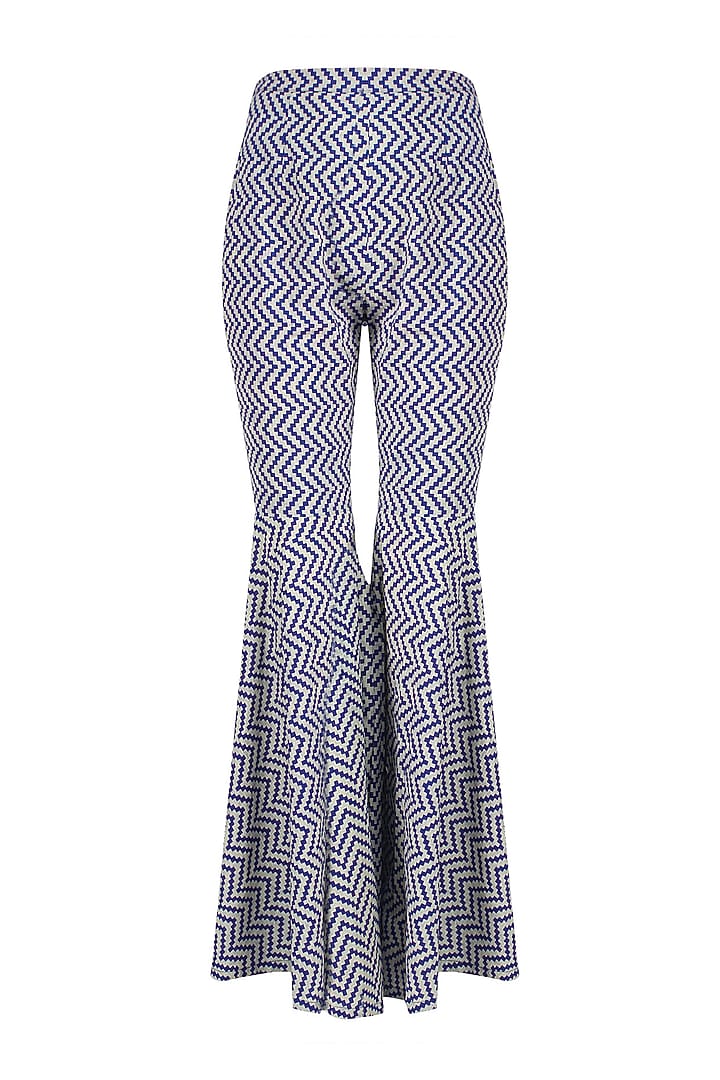 Blue and beige high low printed asymmetric tunic with sharara pants available only at Pernia's Pop Up Shop.