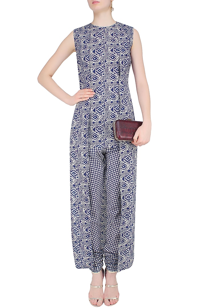 Blue and beige printed tunic with churidaar and long Jacket available only at Pernia's Pop Up Shop.