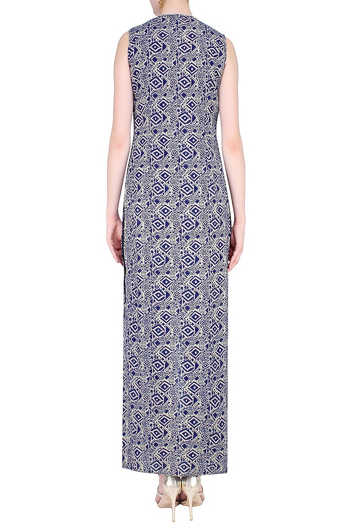 Blue and beige printed tunic with churidaar and long Jacket available only at Pernia's Pop Up Shop.