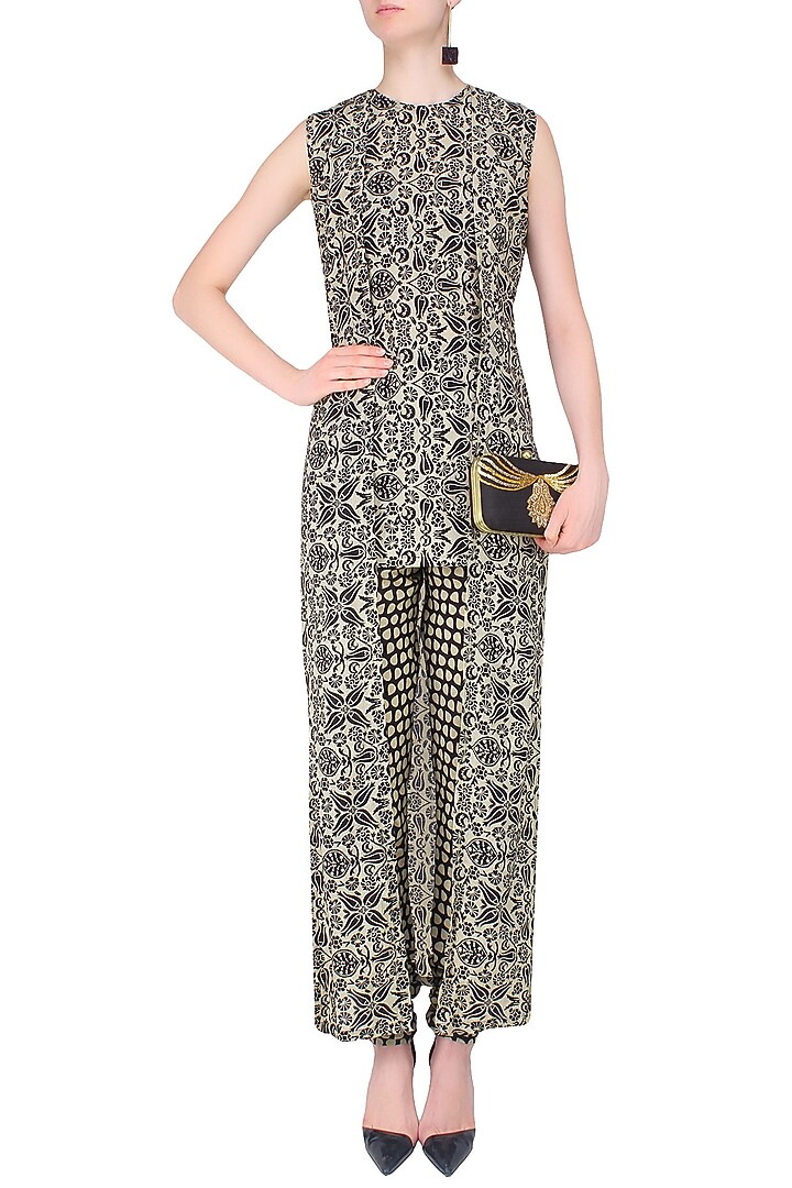 Black and beige printed tunic with churidaar and long Jacket available only at Pernia's Pop Up Shop.