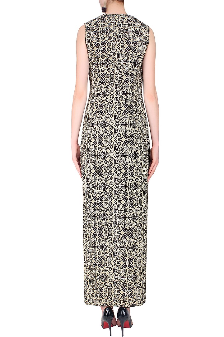 Black and beige printed tunic with churidaar and long Jacket available only at Pernia's Pop Up Shop.