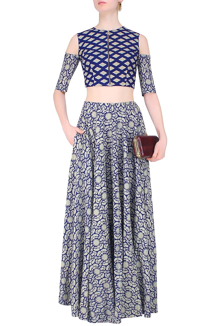 Blue and beige printed split sleeves crop top with high waisted lehenga skirt available only at Pernia's Pop Up Shop.