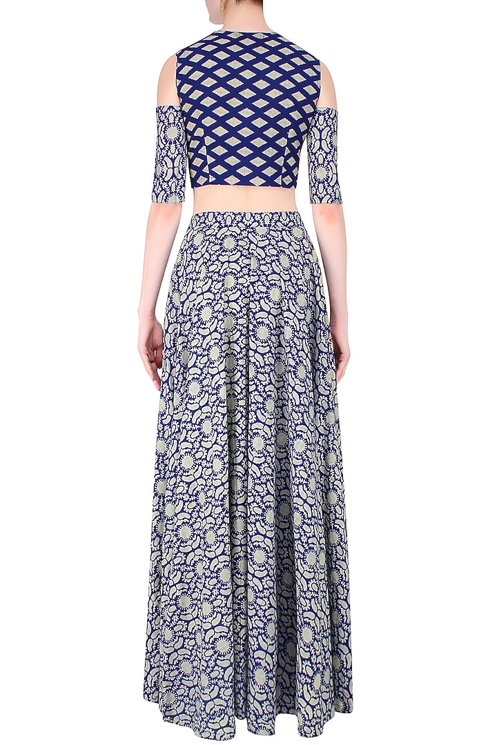 Blue and beige printed split sleeves crop top with high waisted lehenga skirt available only at Pernia's Pop Up Shop.