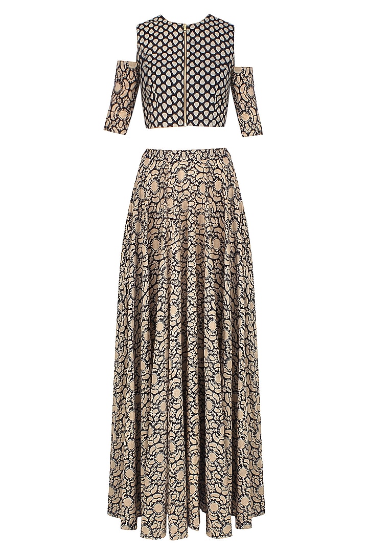 Black and beige printed split sleeves crop top with high waisted lehenga skirt available only at Pernia's Pop Up Shop.